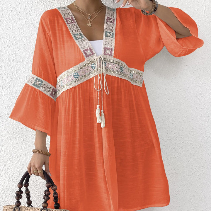Damen luftiger Strandkimono mit floralen Stickereien Drune