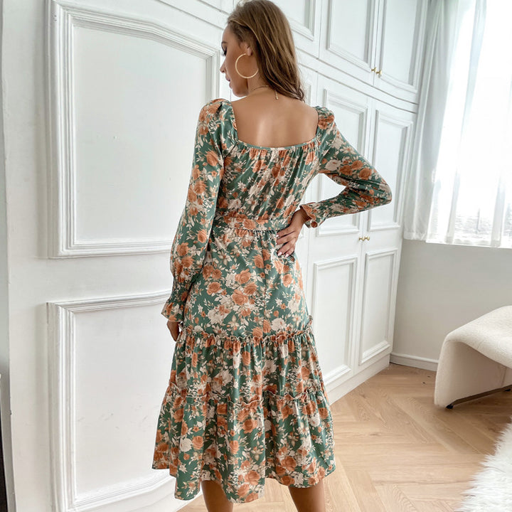 Damen Midikleid mit quadratischem Ausschnitt, Stufenrock, Puffärmmel und Taillengürtel Drune