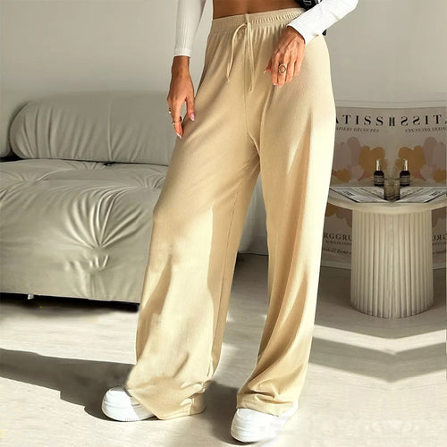 Damen weite hochgeschnittene Loungehose mit elastischem Bund und Kordelzug Drune