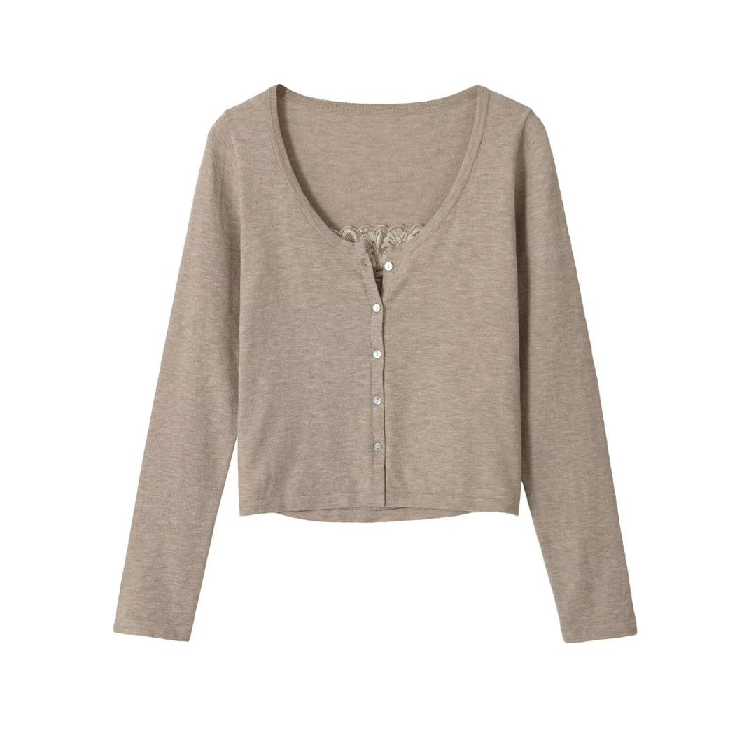 Damen Feine Knopfjacke mit Spitzen-Detail und U-Boot-Ausschnitt Drune