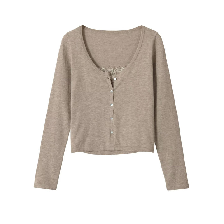 Damen Feine Knopfjacke mit Spitzen-Detail und U-Boot-Ausschnitt Drune