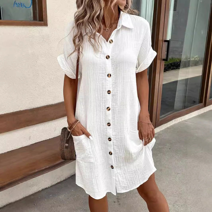 Damen lässiges Hemdblusenkleid aus leichtem Baumwollmischgewebe mit Knopfleiste und Seitentaschen Drune