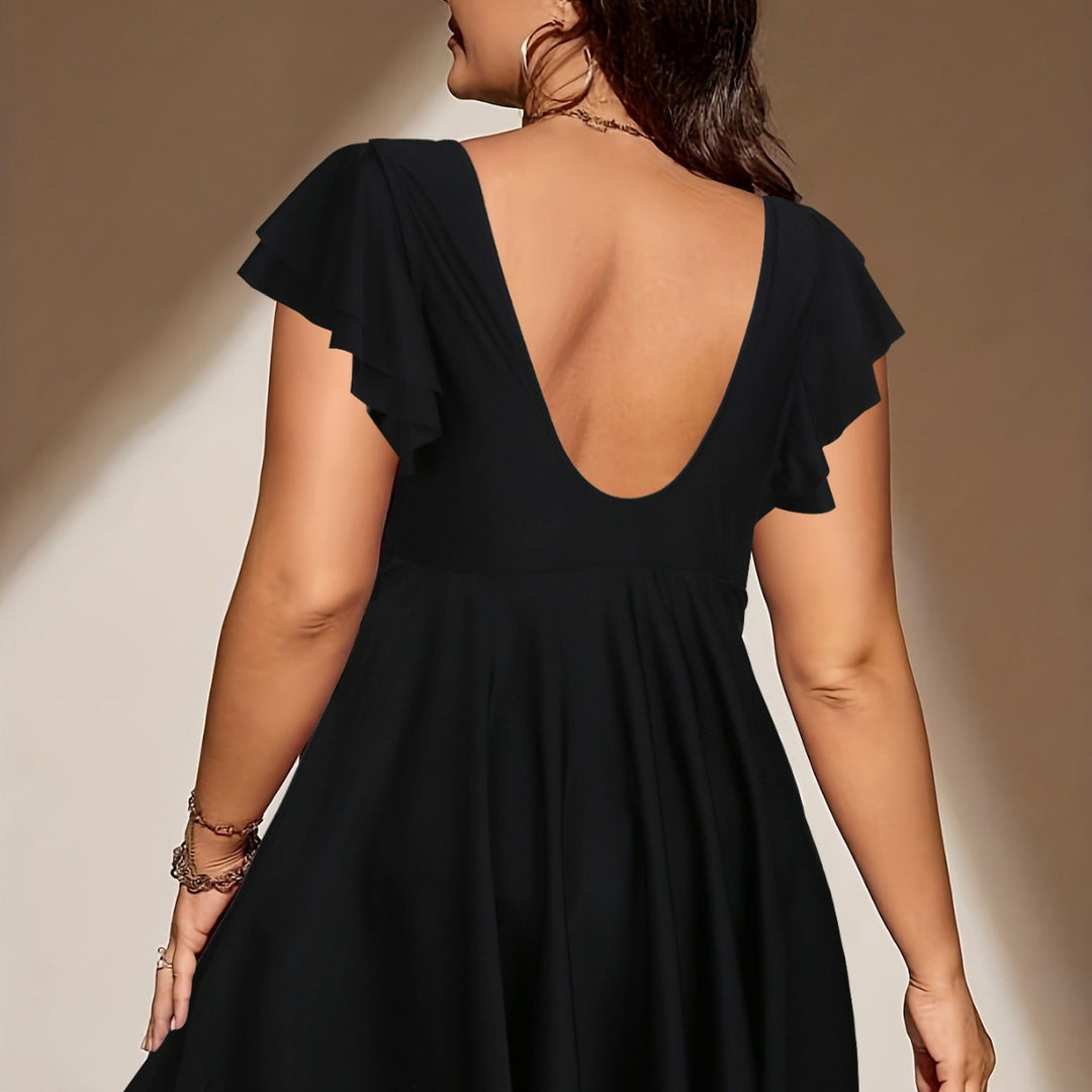 Damen Strandkleid mit leichtem V-Ausschnitt und voluminösen Rüschendetails Drune