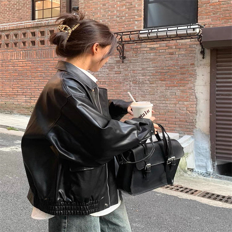 Damen Modische Lederjacke mit oversized Ärmeln und elastischem Saum Drune