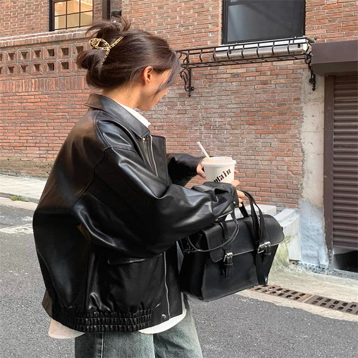 Damen Modische Lederjacke mit oversized Ärmeln und elastischem Saum Drune