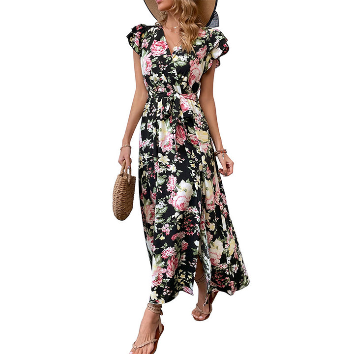 Damen Maxikleid mit floralen Mustern, Schlitz und taillierbarem Gürtel Drune