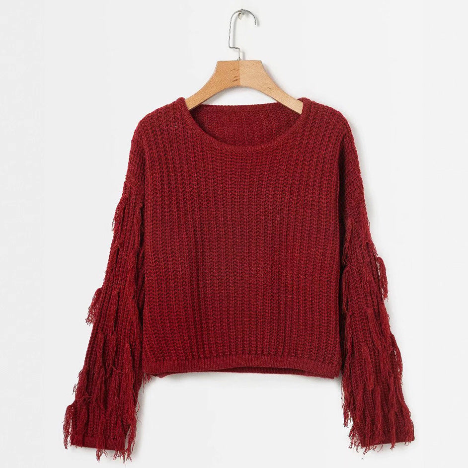 Damen Strickpullover mit fransigen Ärmeln und komfortablem Schnitt Drune