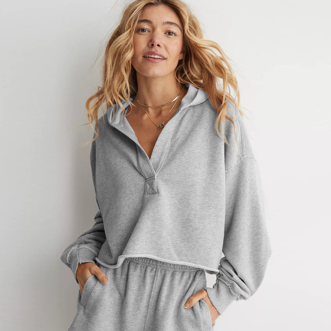 Damen Oversize Kapuzenpullover mit tiefem V-Ausschnitt, offener Knopfleiste und rohem Saum Drune
