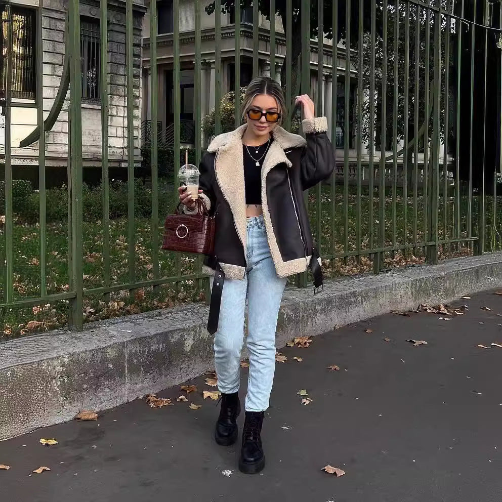 Damen Gefütterte Fliegerjacke im Aviator‑Stil mit Teddyfutter und Reißverschluss Drune