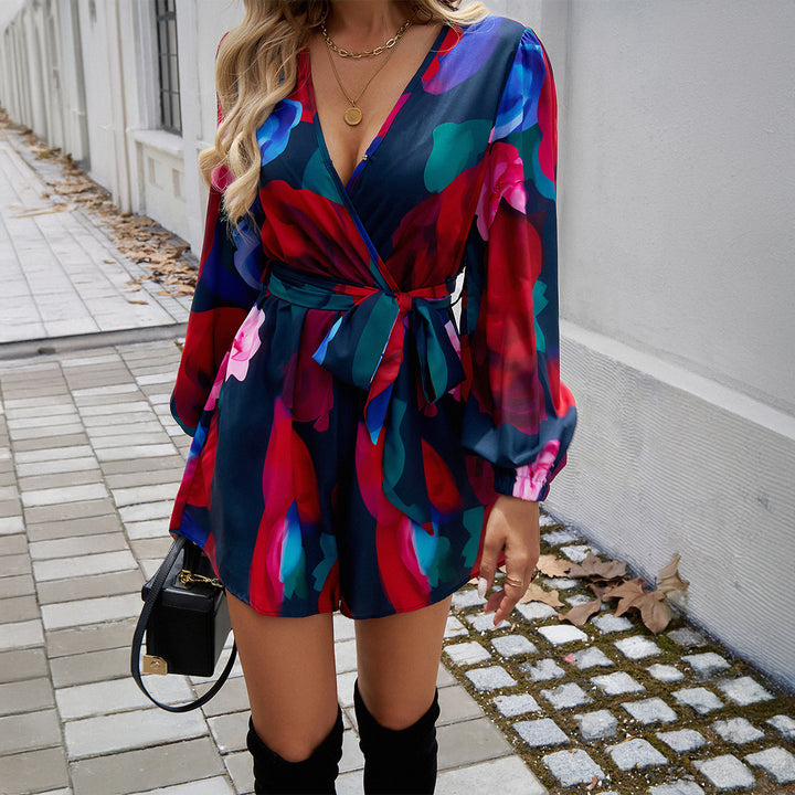 Damen nan Wickelmini-Kleid mit V-Ausschnitt, tailliertem Bindegürtel und ballonärmeln Drune