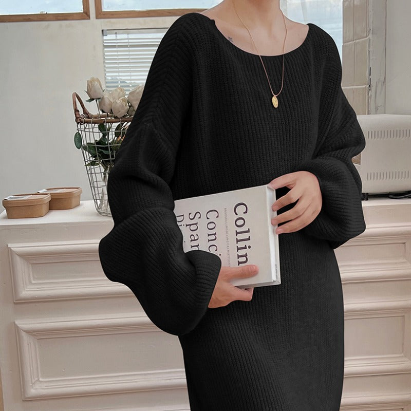 Damen langes Strickkleid mit weitem Schnitt und feiner Rippstruktur Drune