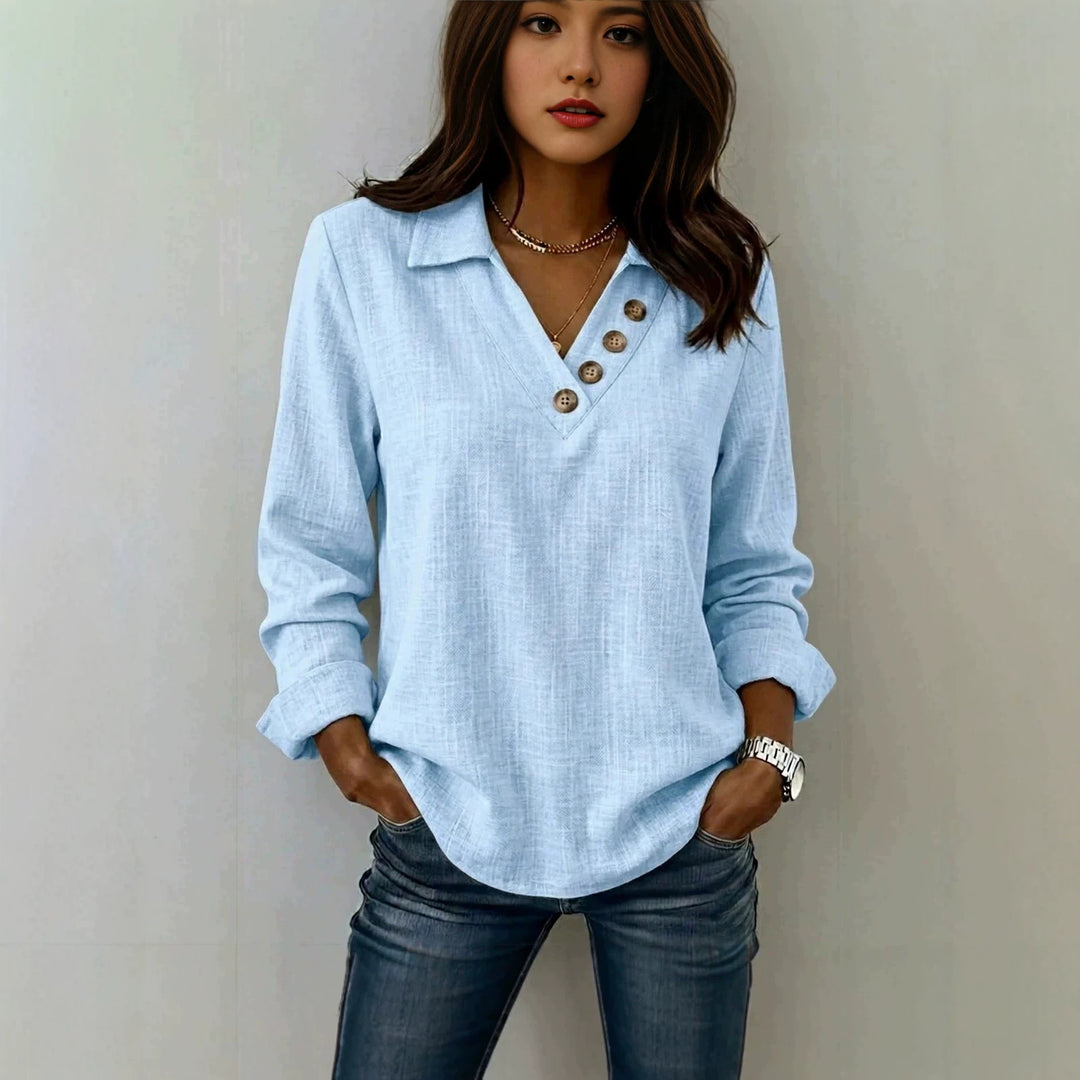 Damen Lässiges V-Ausschnitt-Blusenshirt mit Hemdkragen und asymmetrischer Zierknopfleiste Drune