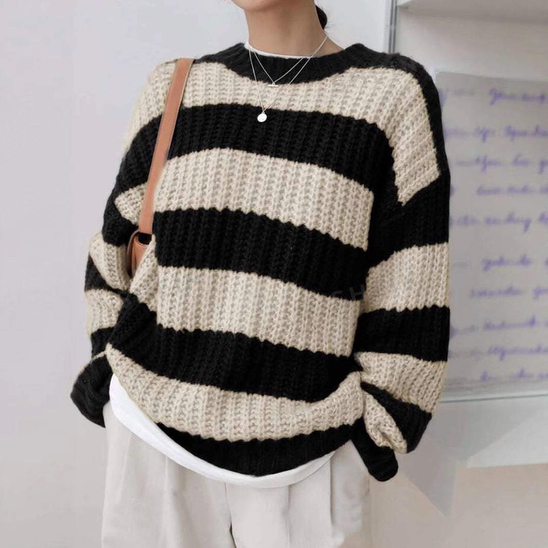 Damen modischer Strickpullover mit breiten Streifen und lockerer Passform Drune