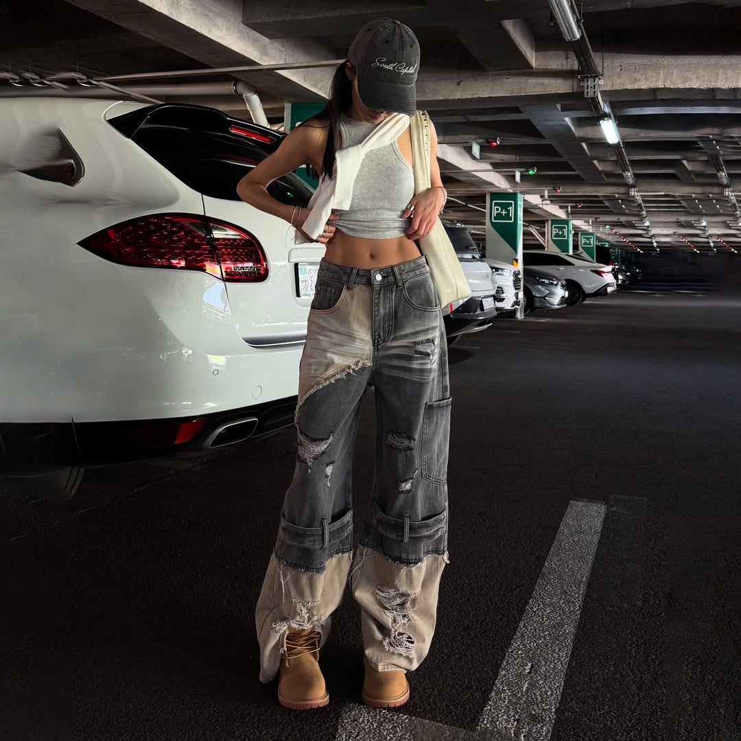 Damen Trendige Cargo-Jeans mit ausgefranstem Design und tiefem Schritt Drune