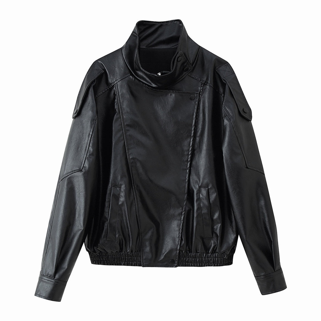 Damen nan oversize Kunstlederblouson mit hohem Stehkragen, asymmetrischer Druckknopfleiste, Schulterklappen und elastischem Saum Drune
