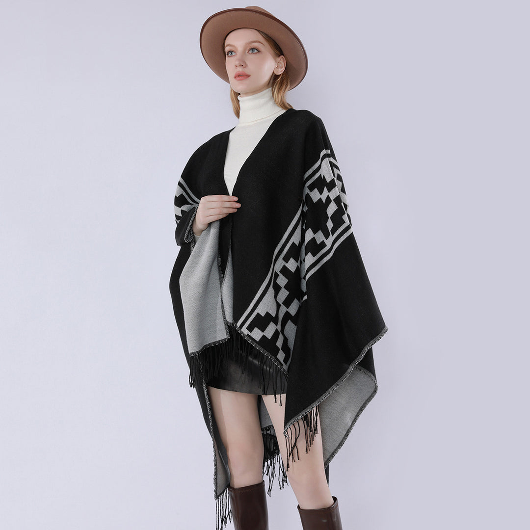 Damen Oversize-Cape mit geometrischem Jacquard, Fransensaum und Wendefunktion Drune
