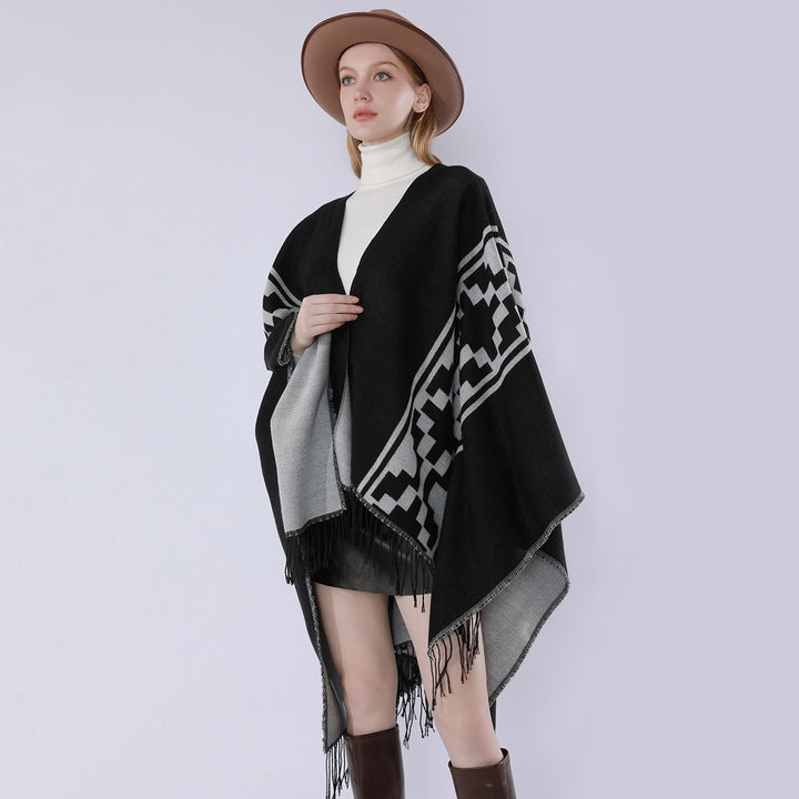 Damen Oversize-Cape mit geometrischem Jacquard, Fransensaum und Wendefunktion Drune