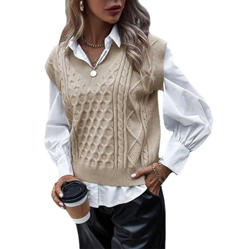 Damen Strickpullover mit Zopfmuster und V-Ausschnitt Drune