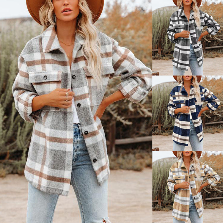 Damen Lässige Karierte Overshirt Jacke Drune