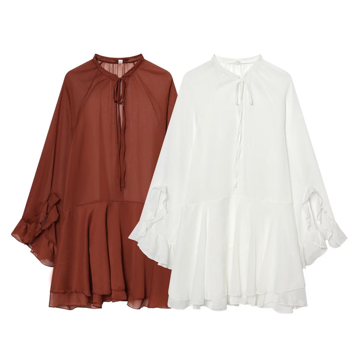 Damen Fließendes Chiffon-Minikleid mit Rüschenärmeln und Schluppe Drune