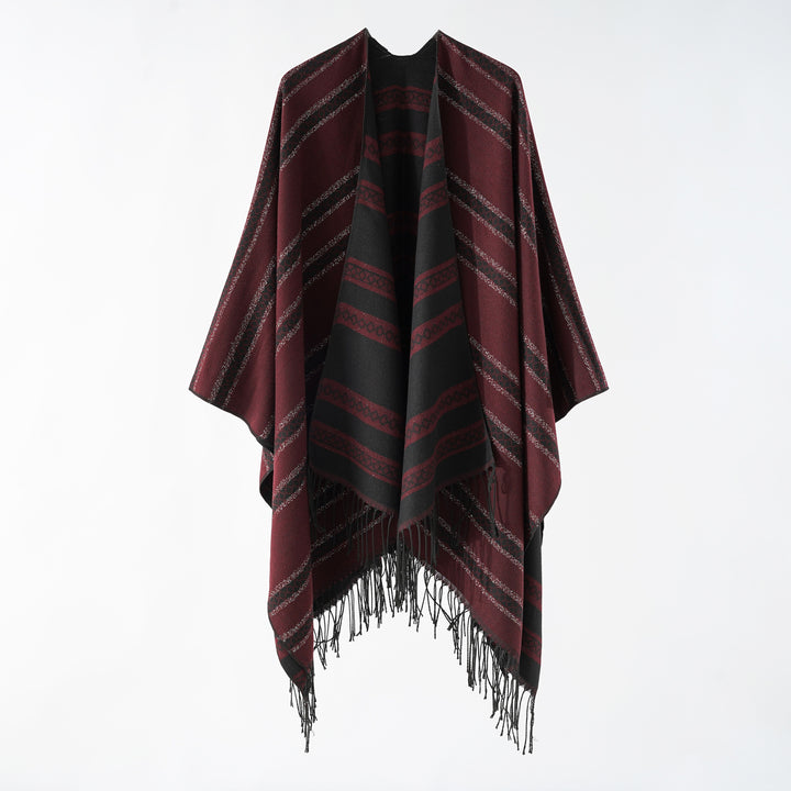 Damen Langer Webponcho im Cape-Stil mit Streifen-Jacquard und Fransen Drune