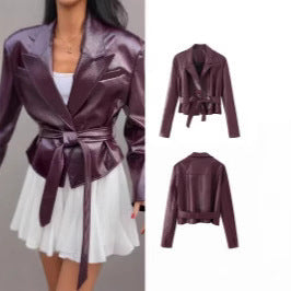 Damen Modische Kunstlederjacke mit schickem Taillengürtel Drune