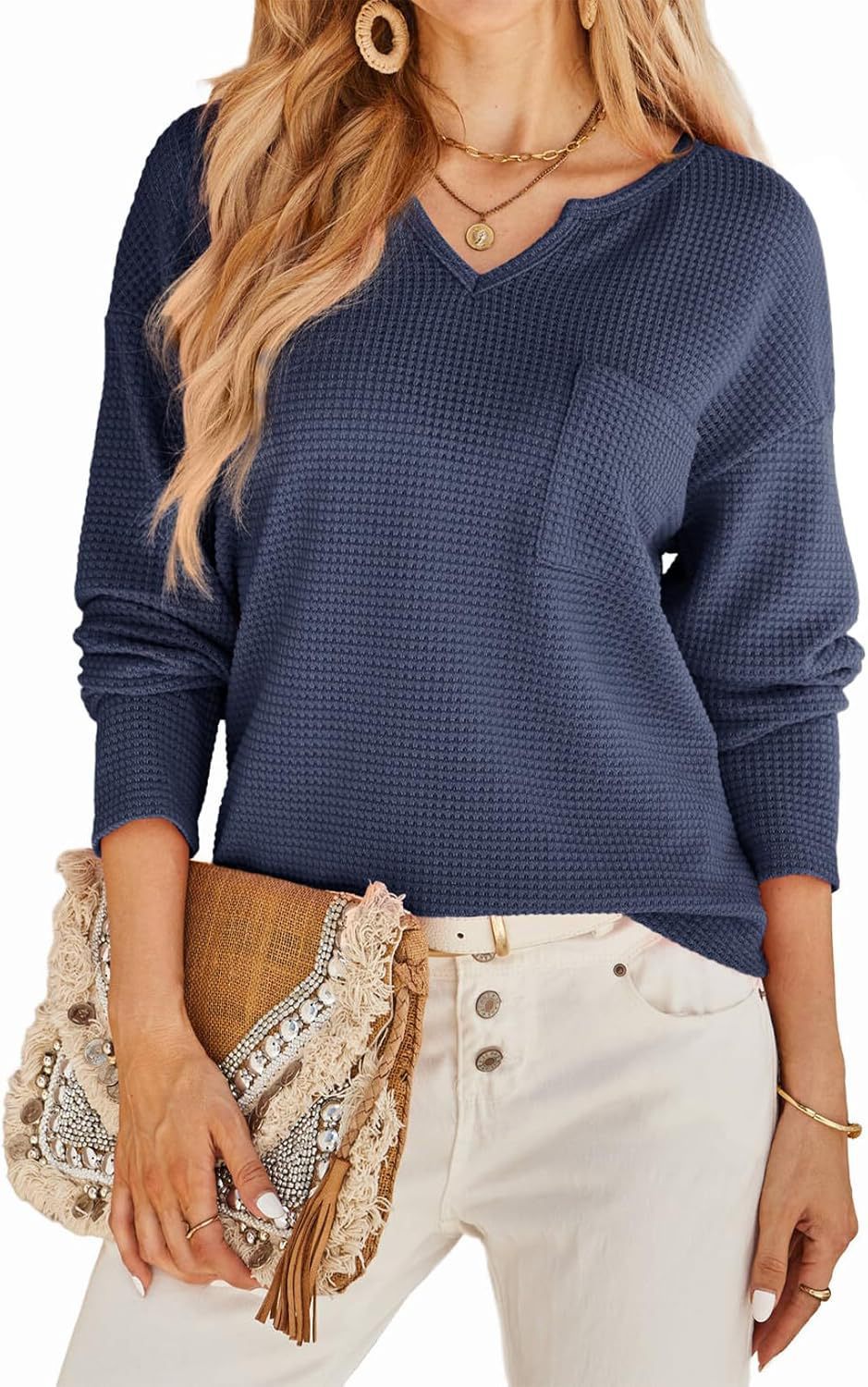 Damen Waffel-Strickpullover mit V-Ausschnitt, Brusttasche und lässiger Passform Drune