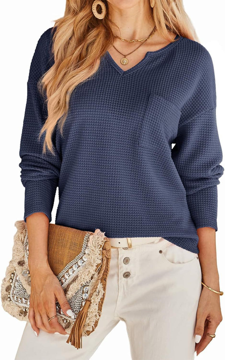 Damen Waffel-Strickpullover mit V-Ausschnitt, Brusttasche und lässiger Passform Drune