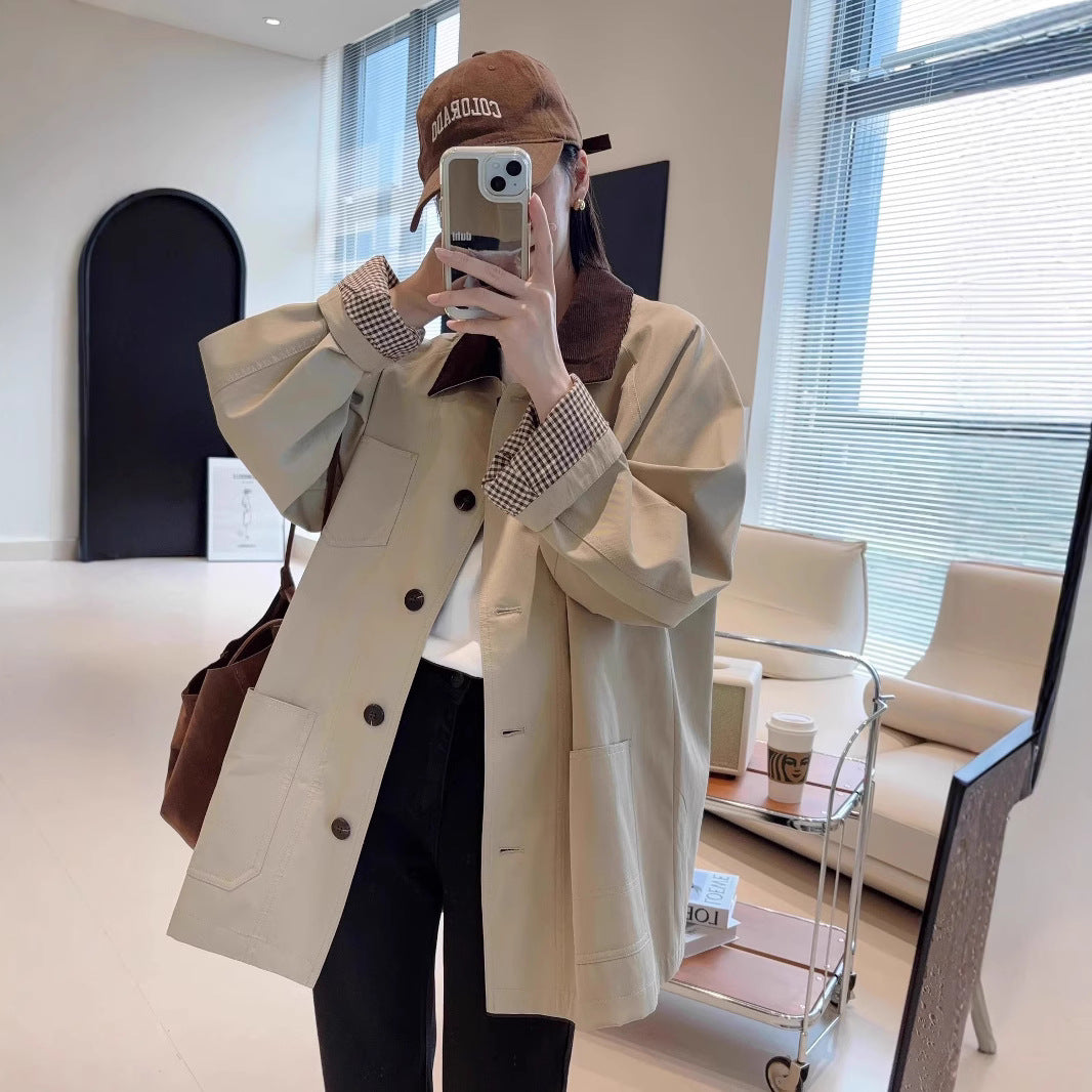 Damen Modische Oversized-Jacke mit kontrastierendem Kragen Drune