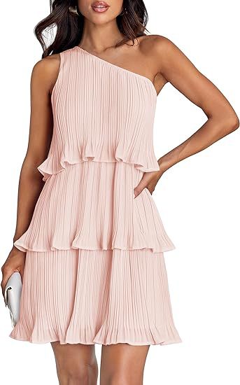 Damen Ärmelloses plissiertes Stufenkleid mit asymmetrischer Schulterpartie Drune