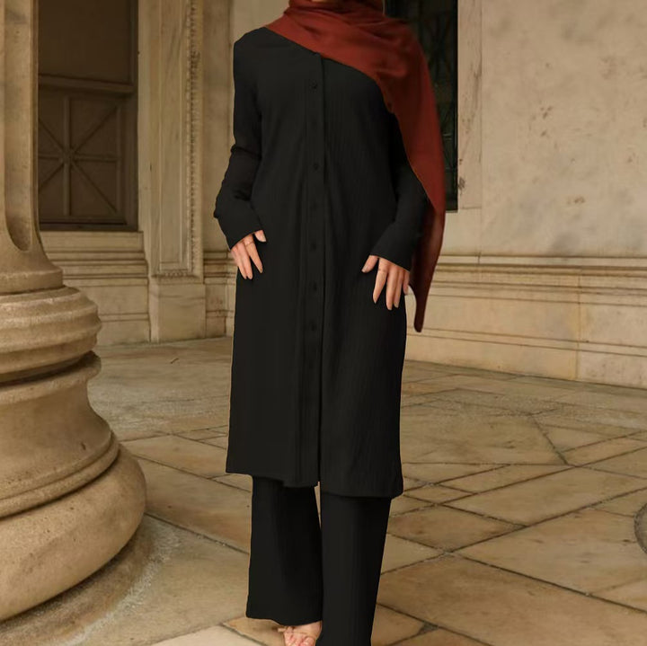 Damen Modestisches Knopf-Tunika-Set mit gerader Silhouette, langen Ärmeln und weitem Palazzo-Hosenbein Drune