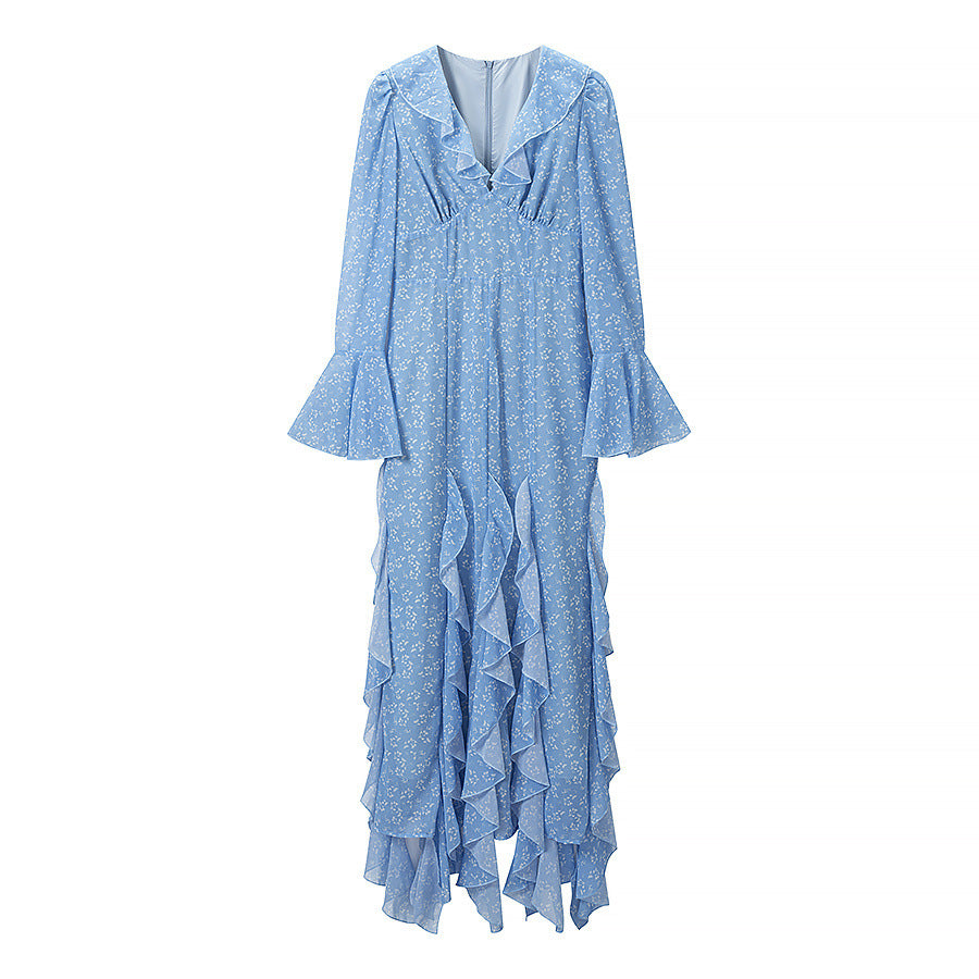 Damen Romantisches Stufen-Rüschen-Maxikleid mit V-Ausschnitt und Glockenärmeln Drune