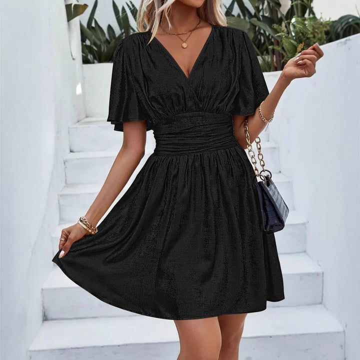 Damen glamouröses Minikleid mit schimmerndem V-Ausschnitt und voluminösen Ärmeln Drune