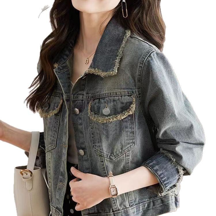 Damen lässige Denimjacke mit modischen Fransen und dekorativen Knopfdetails Drune
