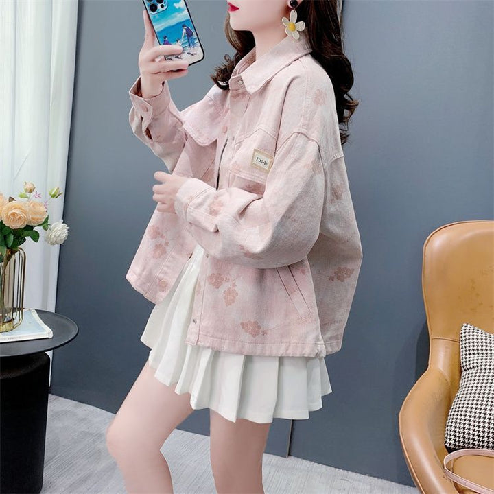 Damen Lässige Denimjacke mit floralem Print Drune