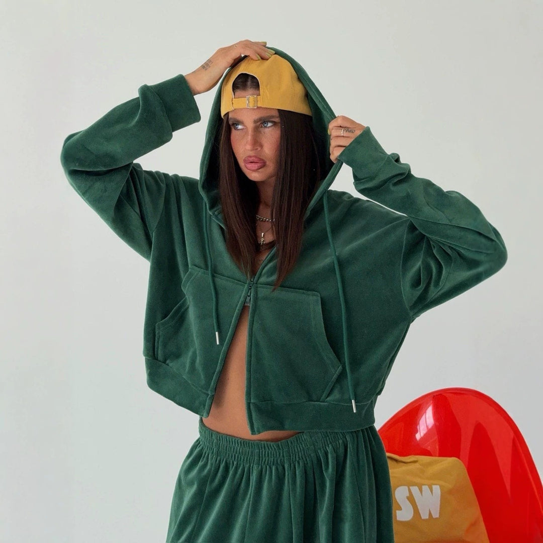 Damen Velours-Set Oversize mit Cropped-Zip-Hoodie und weiter Bundfaltenhose Drune