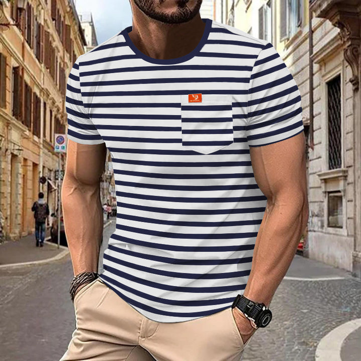 Herren nan maritim inspiriertes Streifen-T-Shirt mit Brusttasche und Slub-Jersey Drune