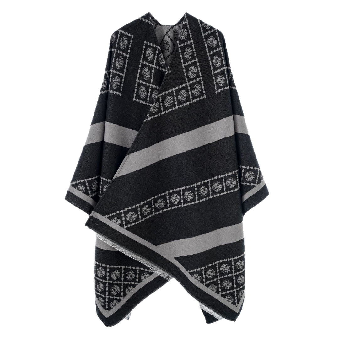 Damen Jacquard-Überwurf im Cape‑Stil mit Paisley‑Bordüre und Fransen Drune