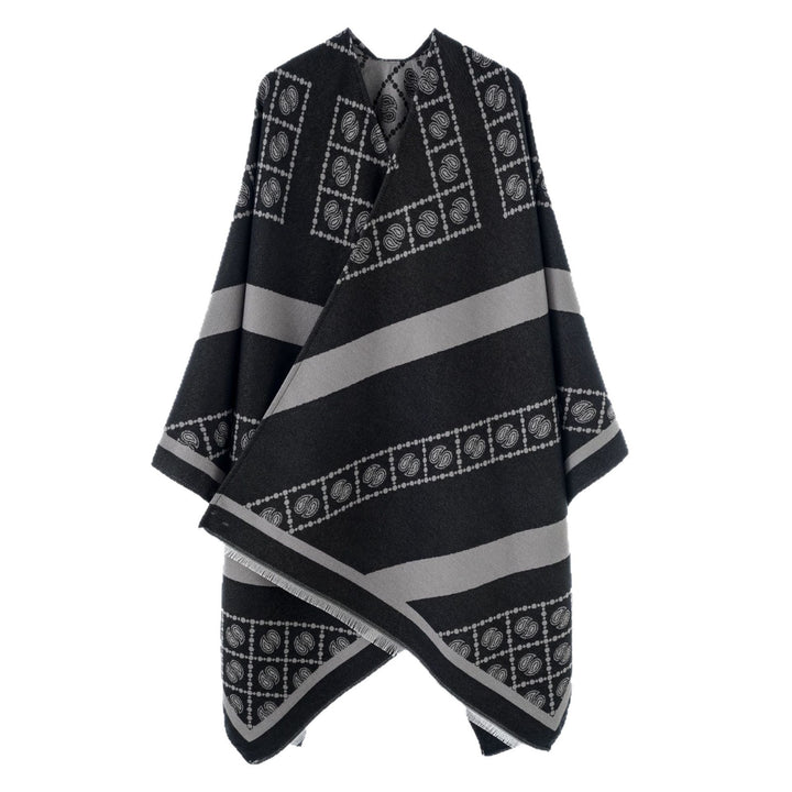 Damen Jacquard-Überwurf im Cape‑Stil mit Paisley‑Bordüre und Fransen Drune