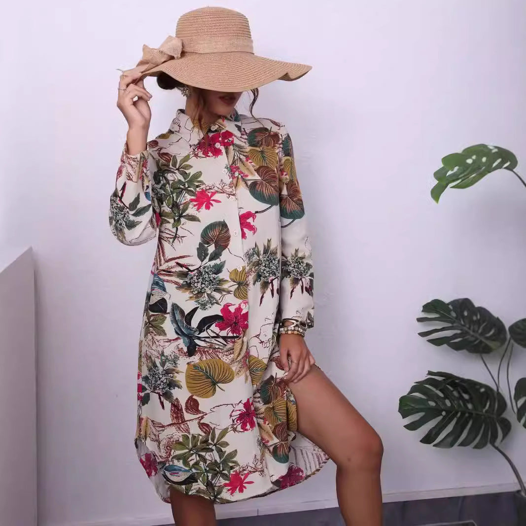 Damen Hemdblusenkleid mit exotischem Blumenmuster Drune