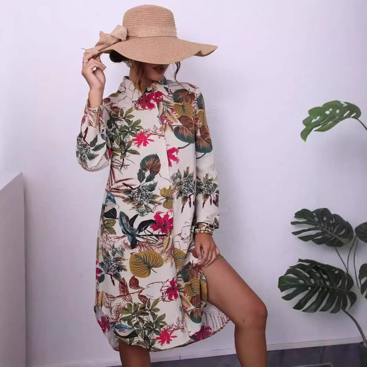 Damen Hemdblusenkleid mit exotischem Blumenmuster Drune