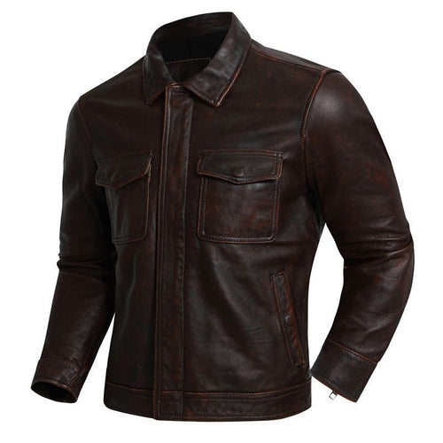 Herren Lederjacke im Worker-Stil mit Brusttaschen und durchgehendem Reißverschluss Drune