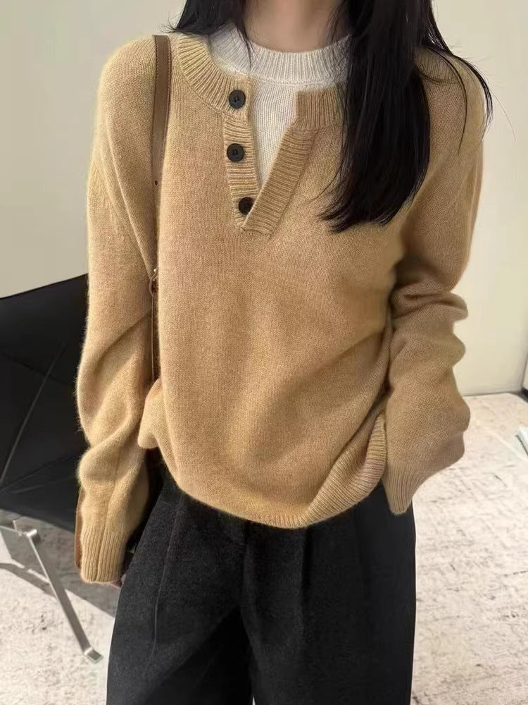 Damen Oversize-Henley-Pullover aus flauschigem Mohair‑Look mit Knopfleiste Drune