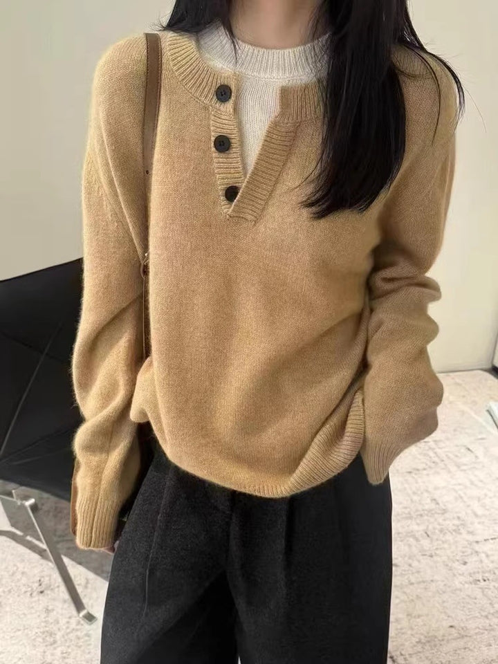 Damen Oversize-Henley-Pullover aus flauschigem Mohair‑Look mit Knopfleiste Drune
