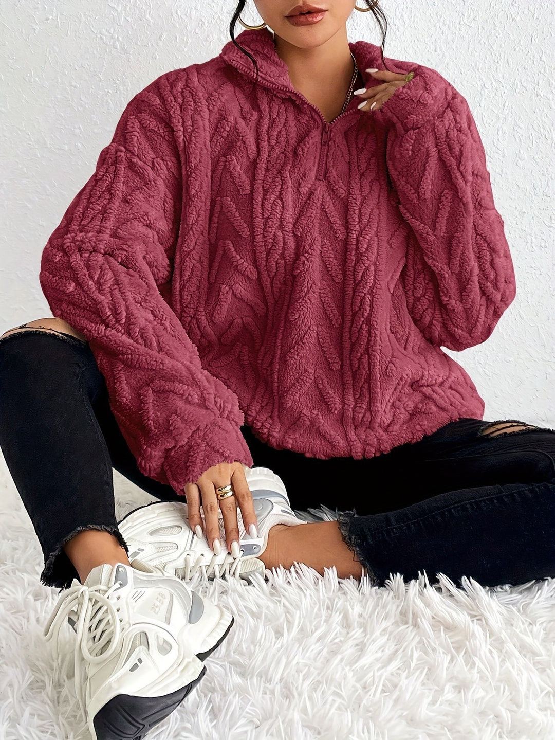 Damen Kuscheliger Fleece-Pullover mit hohem Kragen und Zipper-Detail Drune