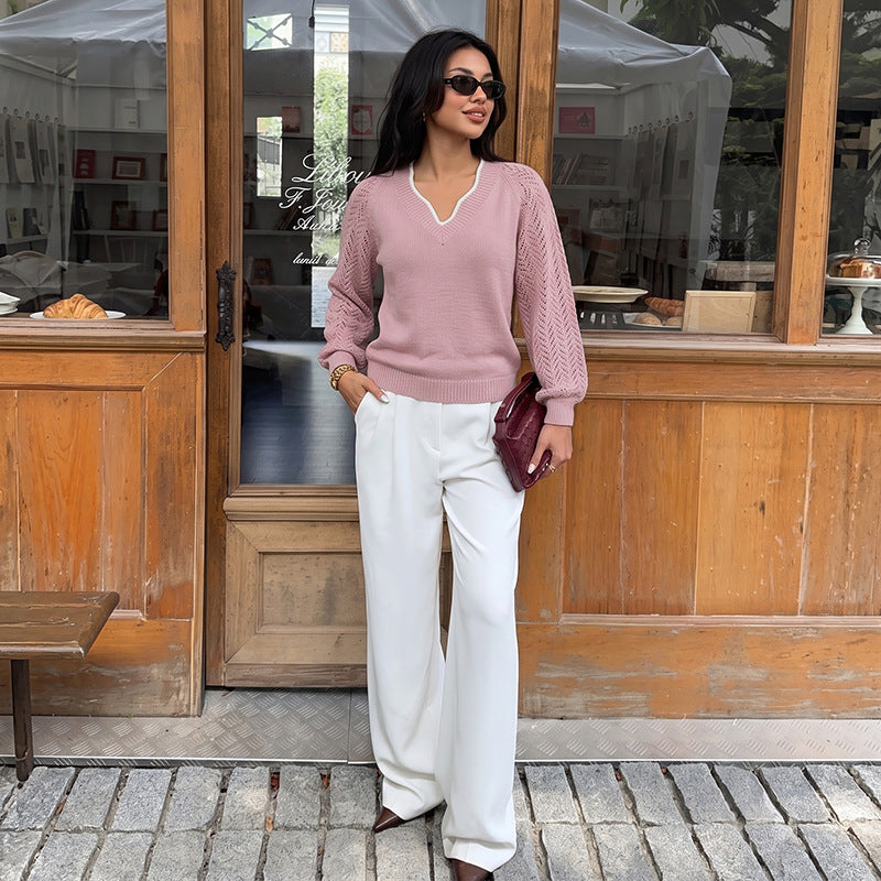 Damen Eleganter Pullover mit Lochmuster und V-Ausschnitt Drune