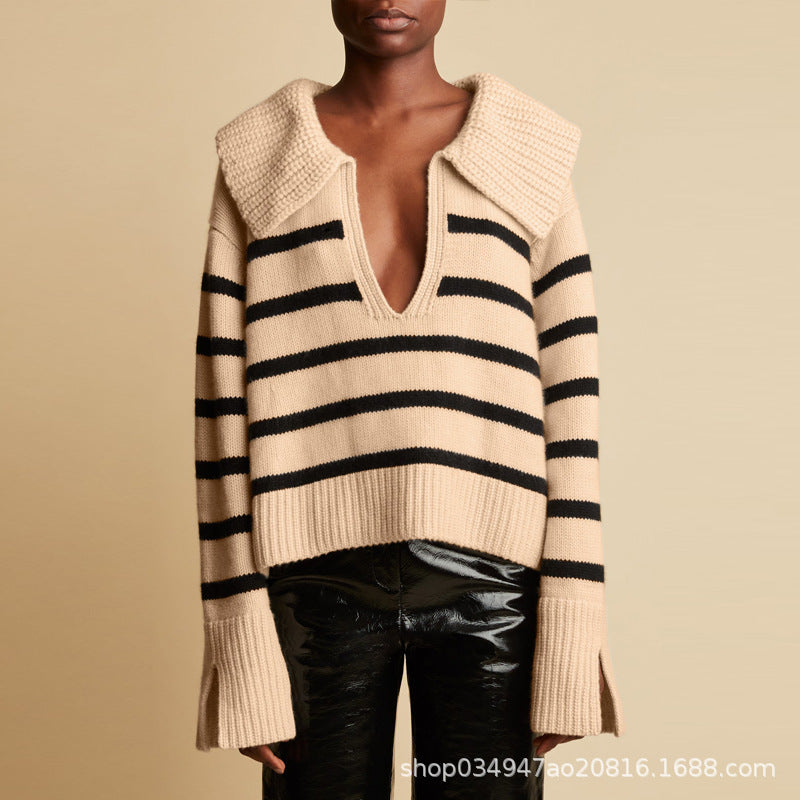 Damen Modischer Strickpullover mit tiefem V-Ausschnitt und übergroßen Kragen Drune