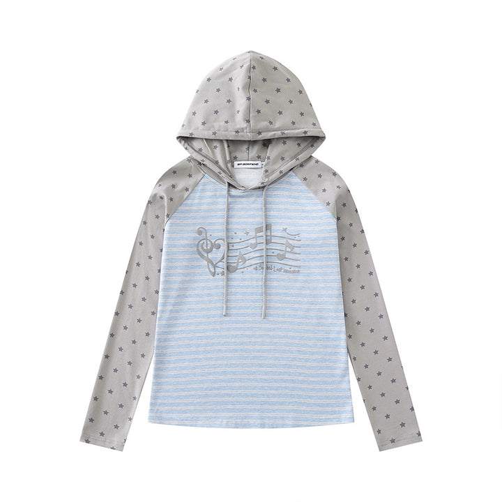 Damen Kapuzen-Langarmshirt im Raglanstil mit Sternärmeln und Noten-Print Drune