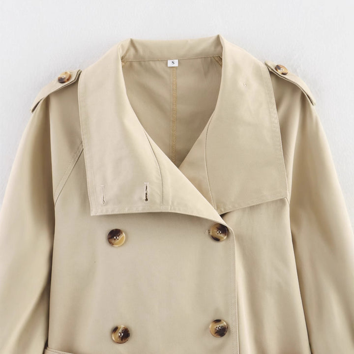 Damen nan kurz geschnittene Trenchjacke mit asymmetrischem Stehkragen, Taillengürtel und Schnallenmanschetten Drune