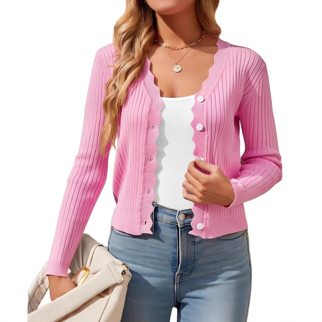 Damen Feiner Rippstrick Cropped-Cardigan mit Wellensaum und dekorativer Knopfleiste Drune